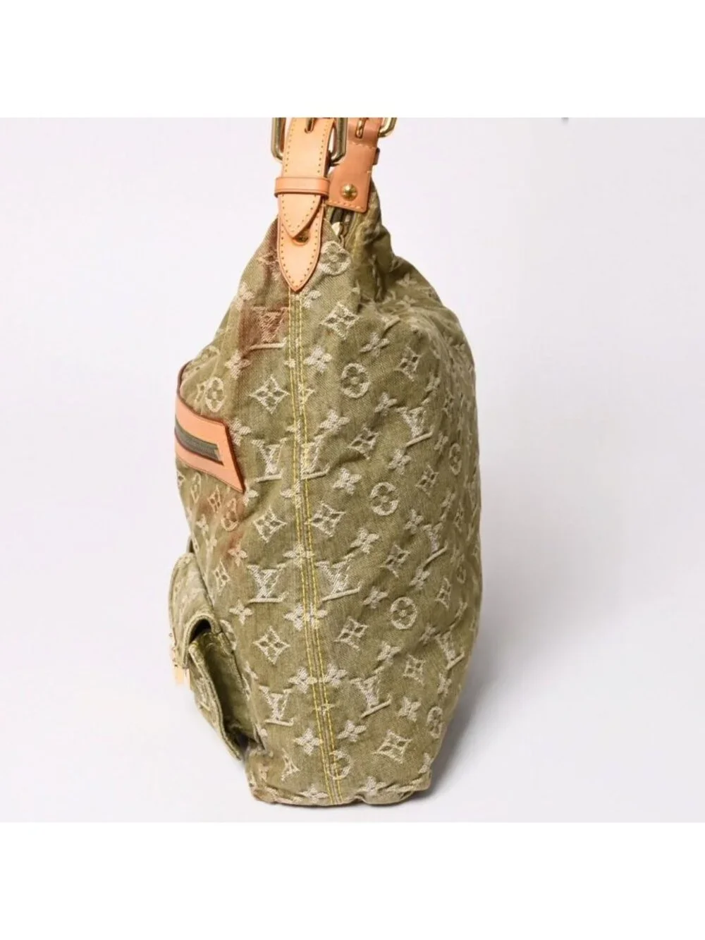 Louis Vuitton Monogram Denim Baggy GM Green White Gold Vachetta Leather